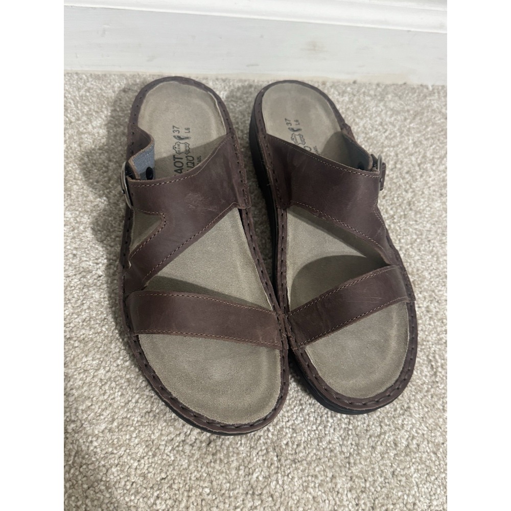 Naot Brown Leather Slide Sandals Womens 37 Made In Israel Buckle Strap Comfort